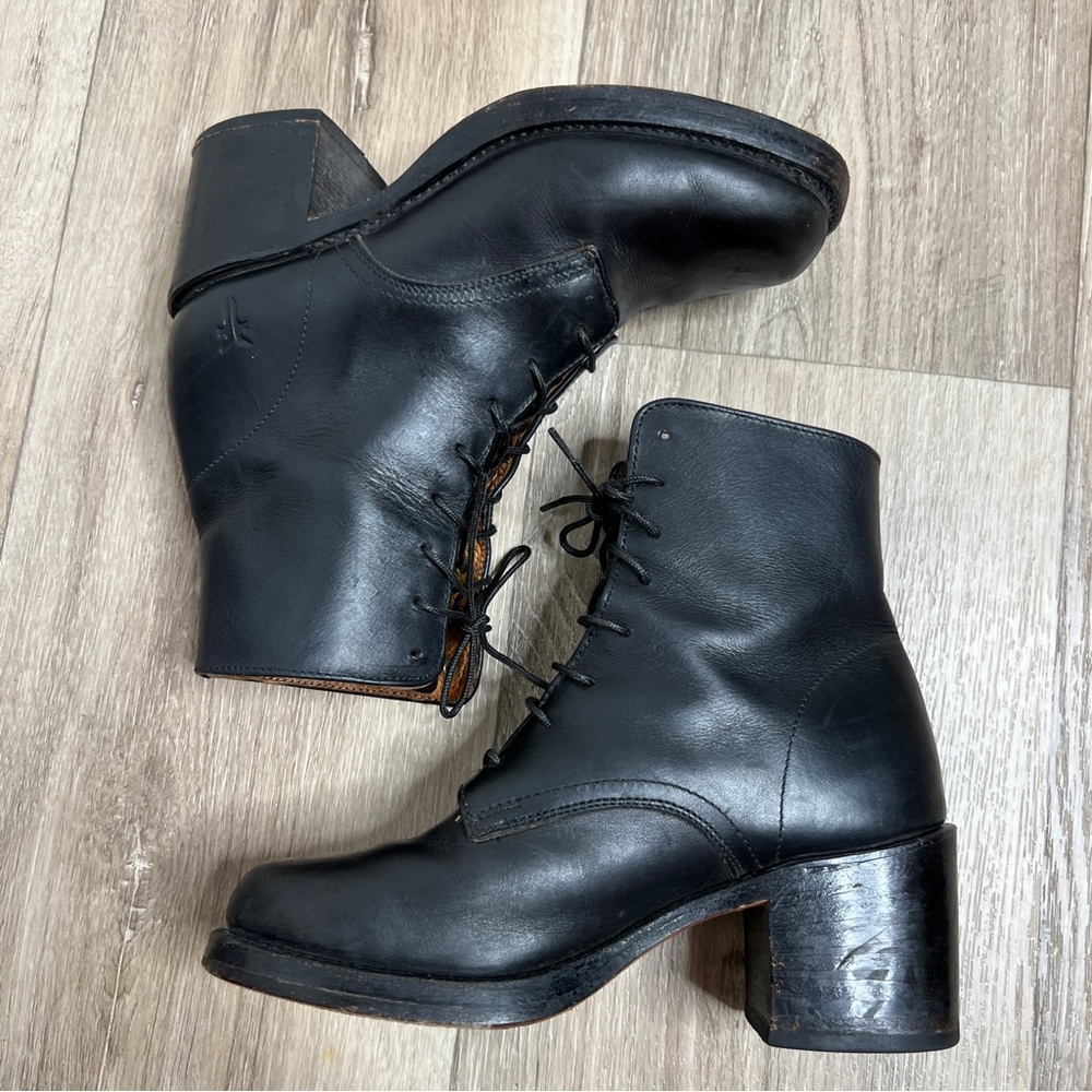 FRYE Combat Black Leather Lace Up Booties Boots Size 5.5 - Picture 9 of 16